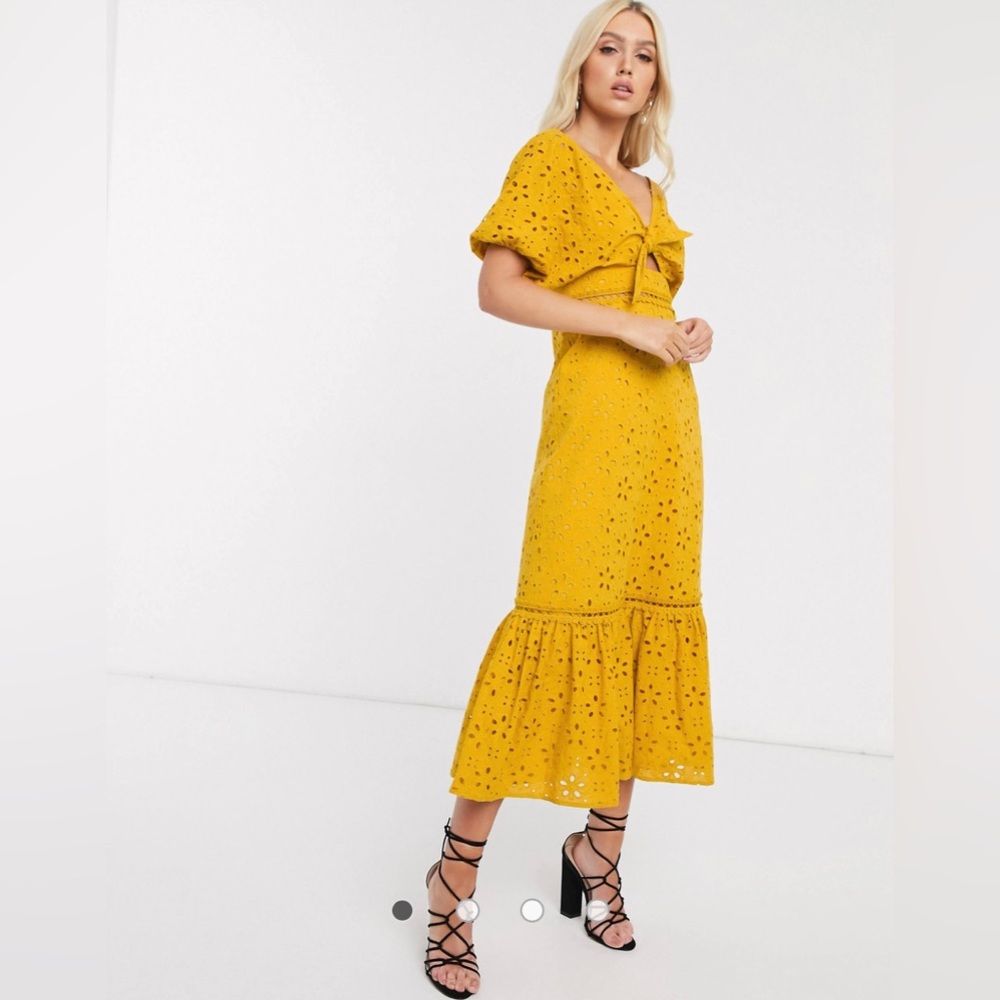 ASOS DESIGN broderie knot front maxi dress in mustard
